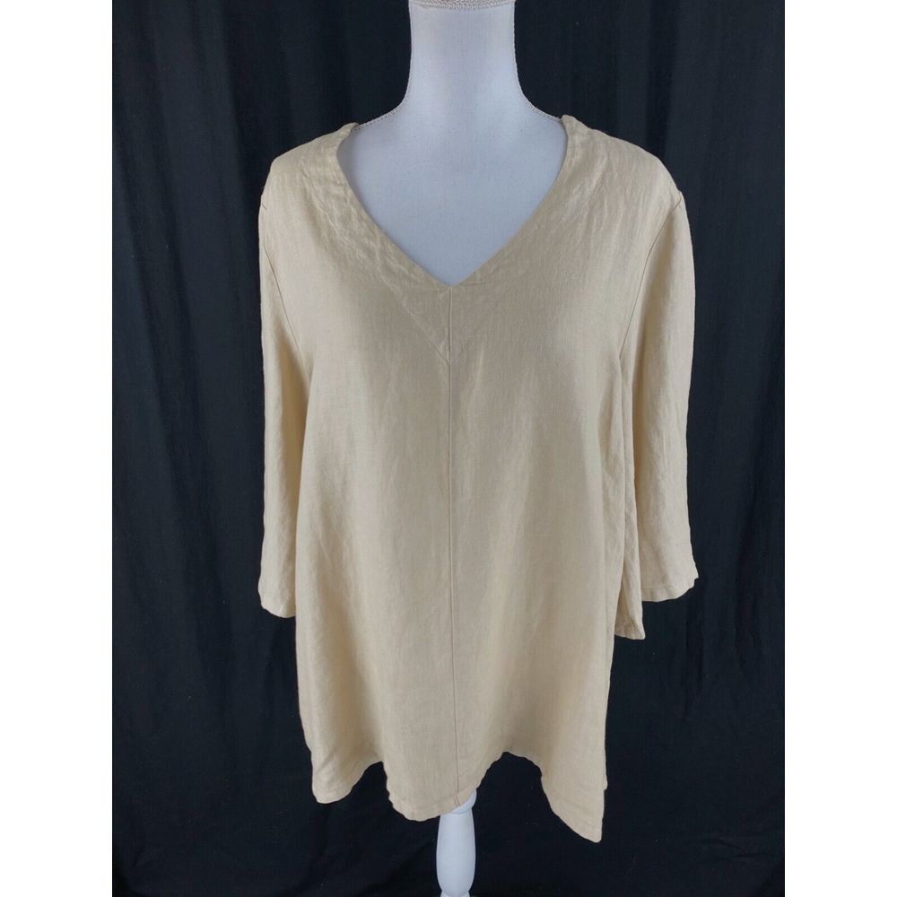 Bryn Walker USA Womens S Oversized Linen Tunic Blouse Bell 3/4 Sleeve Beige‎